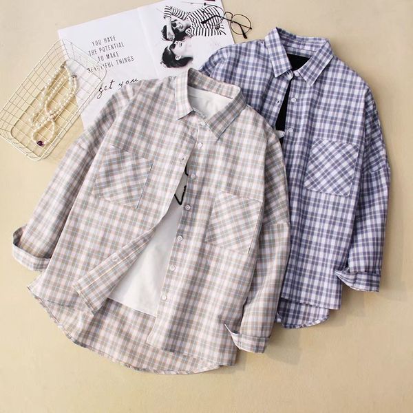 

women's blouses & shirts hipster college style double-pocket sunscreen shirt loose long sleeve plaid thin coat, White