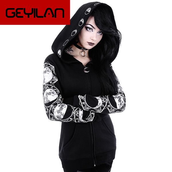 

5xl gothic punk женщины печать с длинным рукавом hoodies толстовки повседневный zipper куртка с капюшоном топы женщины осень зима черная тол, Black