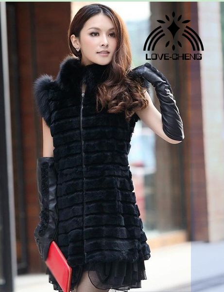 

real genuine naturla fur vest with collar women's fashion gilet ladies jacket custom any size, Black