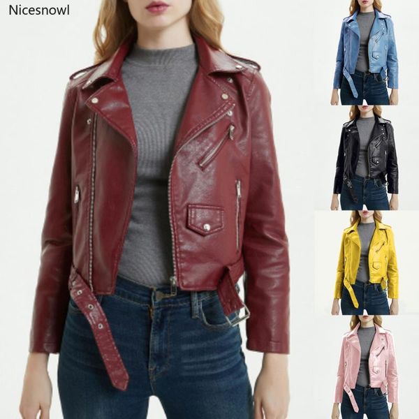 

2020 new fashion women autunm winter black blue fake faux leather jackets lady pu zipper pocket motorcycle outerwear coat belt