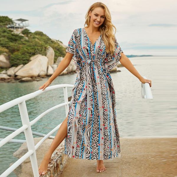 

vintage print long dress beach cover up women bikini cover up loose beach dress tunics robe swimsuit summer wear, White;black