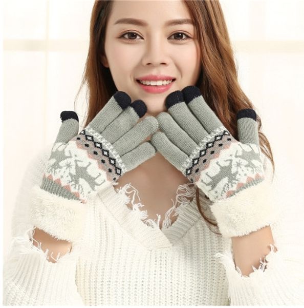 

new velvet warm warm and gloves with touch thickened snowflake deer lady knitted finger gloves, Blue;gray