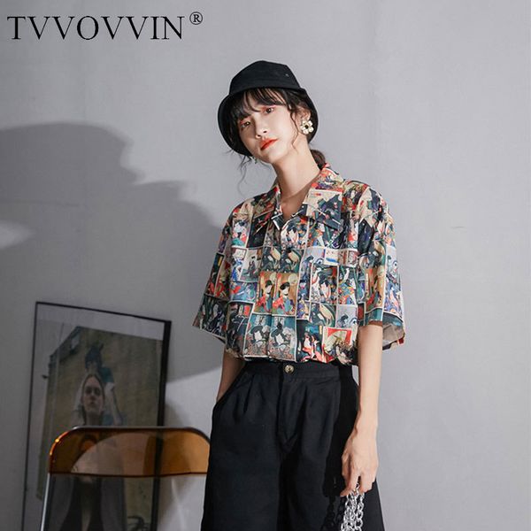 

tvvovvin japanese streetwear plaid ukiyoe print short sleeve blouse shirt women summer button loose shirt aesthetic clothes 5zt, White