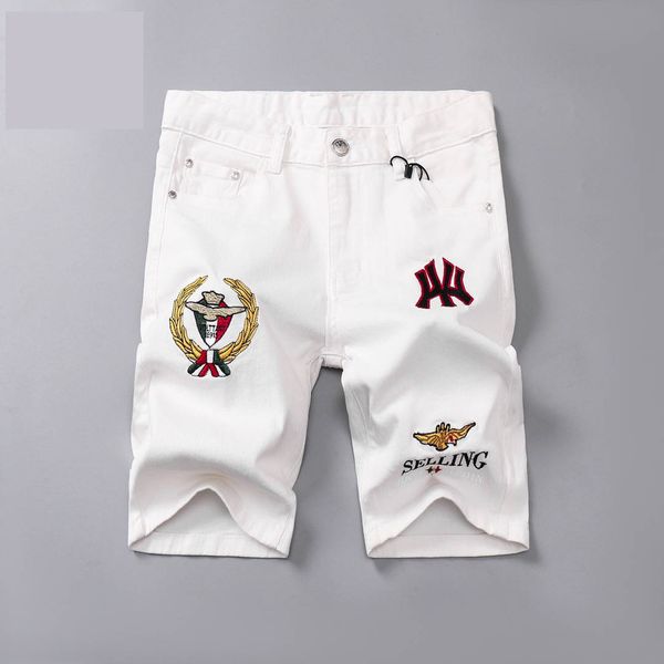 

хай-стрит мужских джинсов снять роскошные печати вышивки светлого цвета эксклюзивной личность стрейч приталенный короткий стиль белых джинсо, Blue