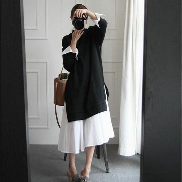 

korean style maternity fashion long-sleeved dress autumn pregnant women clothes preppy style black white cotton dress wholesale