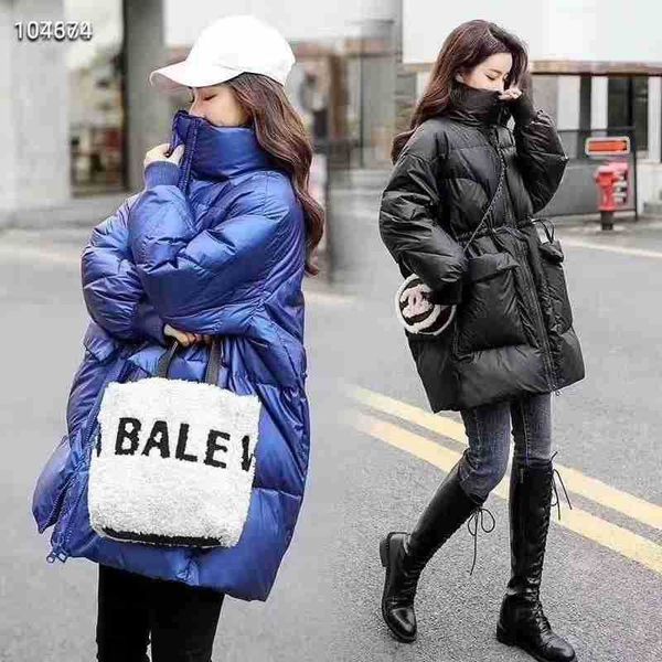 

ayjca korean style women's mid-length large size loose white duck stain resistant all-match stand down down jacket collar casual waist, Black
