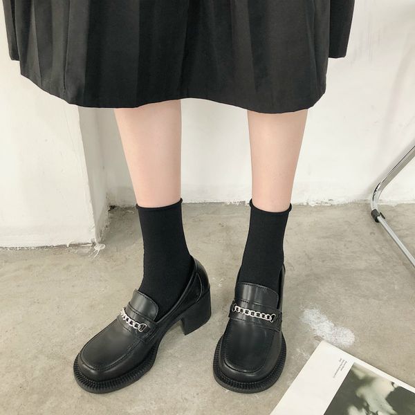 

2020 net red with the same retro chain high heels female british style round head mary jane shoes korean thick heel, Black