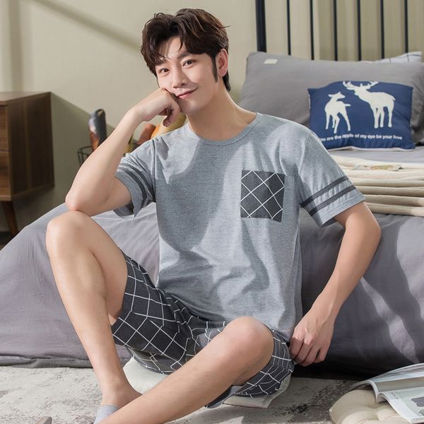 

plus size 3xl men pajamas fashion plaid short sleeve sleepwear nightwear o-neck casual male night clothes loose pijamas pyjamas, Black;brown