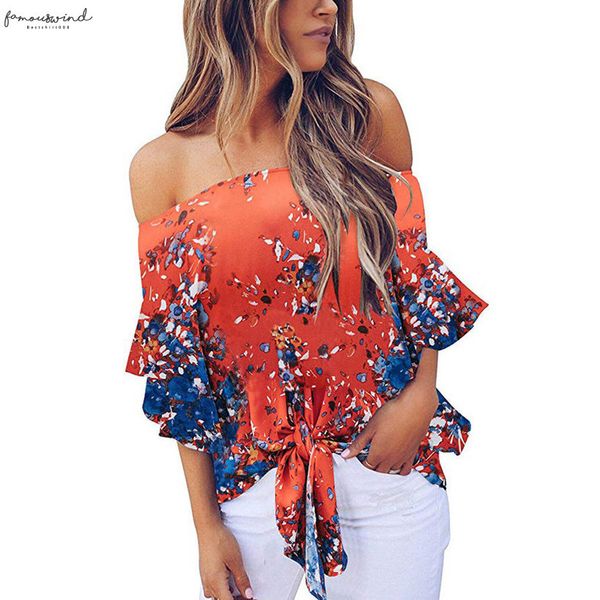 

womens and blouses cold shoulder women blouses floral knot flutter sleeve front chiffon shirt flare sleeve off shoulder blusas mujer, White