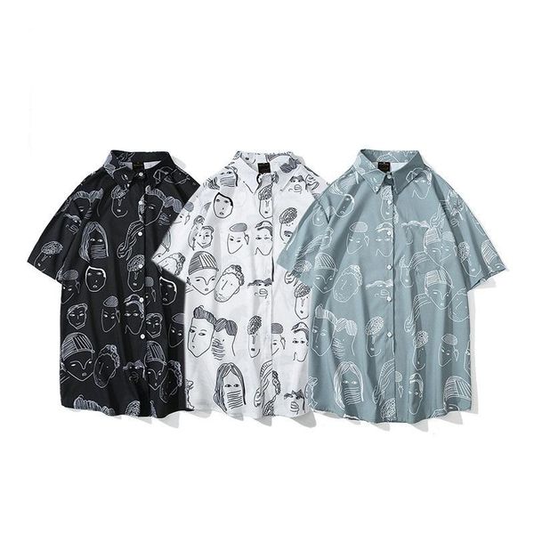 

mens fashion summer cartoon print shirts turn down collar loose short sleeve blouse male summer new arrivals, White;black