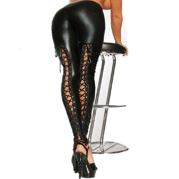 

2020 club lace up stretch material pencil pants new women faux leather legging 2020 nightclub black punk leggings
