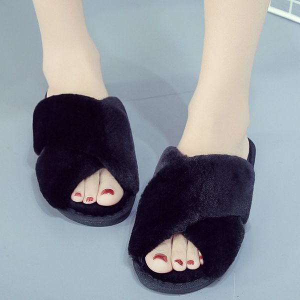 

2020 new autumn winter house women fur slippers multi color comfortable flat ladies shoes non slip indoor ladies furry slippers, Black