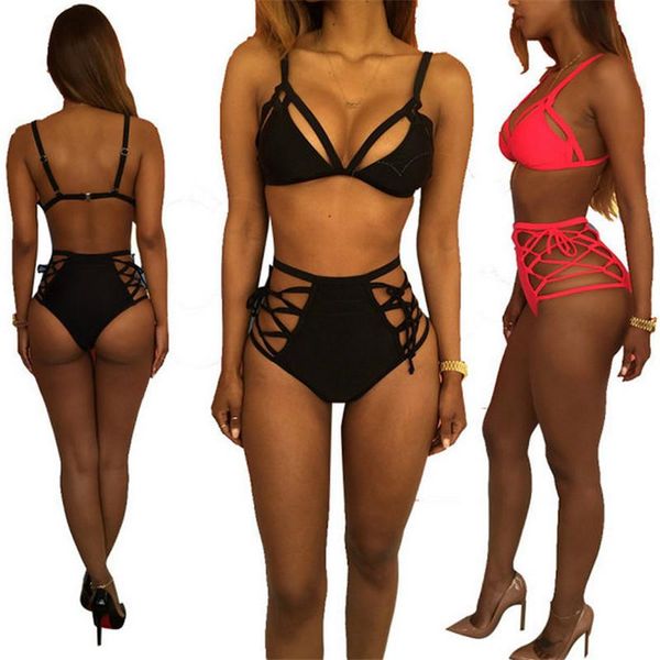 

european and american black split swimsuit halter multi rope beach bikini multi-rope strap beach bikini