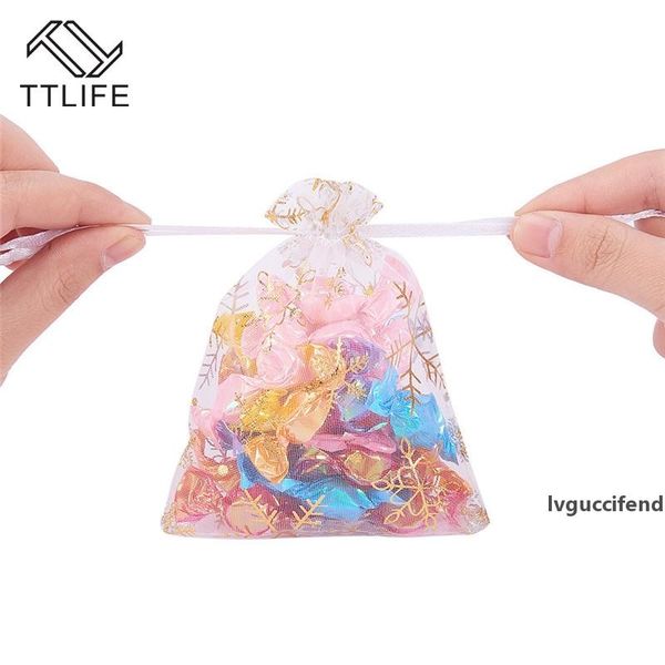 

100pcs transparent gold printed tulle drawstring jewelry bag wedding party decoration christmas gift bag candy box christmas