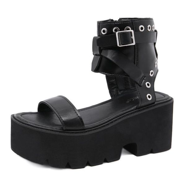 

2020 summer new shoes thick slope mouth muffin rome europe street slanted heel high-heeled women's sandals -79-88, Black