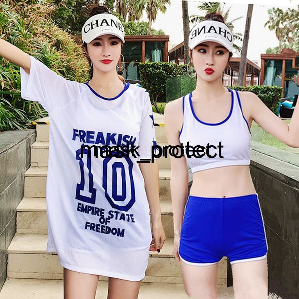 

women's split 2019 new three-piece suit sports wind sun protection conservative small chest gather slim student swimsuit, White;black