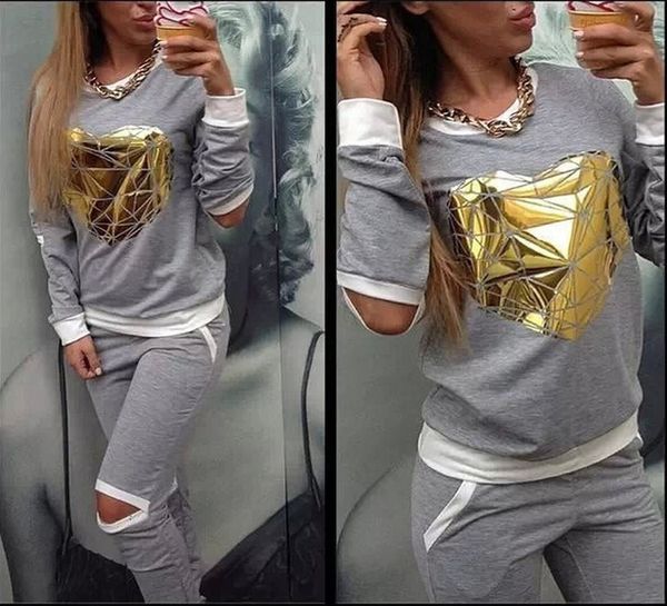 

holed gold heart new suit set 2020 women tracksuit two-piece sport style outfit jogging sweatshirt fitness lounge sport wear, Gray