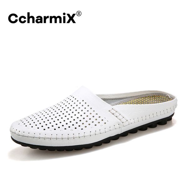 

ccharmix men casual shoes leather slip on half shoes big size summer breathable mens half loafers lazy male, Black
