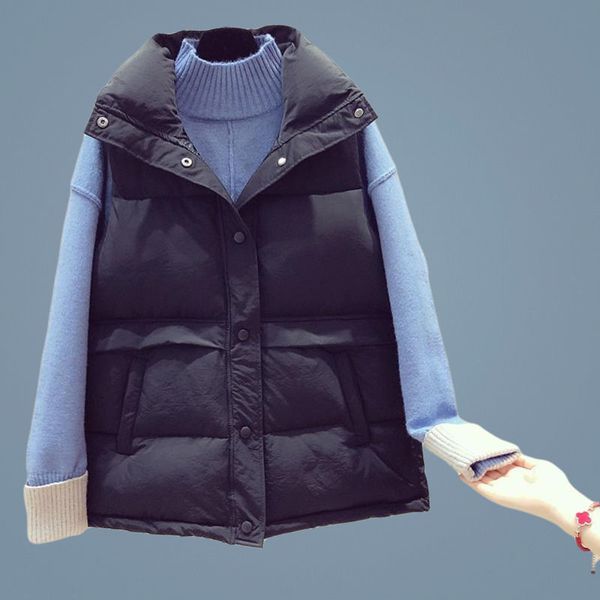 

2020 new autumn winter women's stand collar down cotton vest thick loose koraen solid color sleeveless short waistcoat a22, Black;white