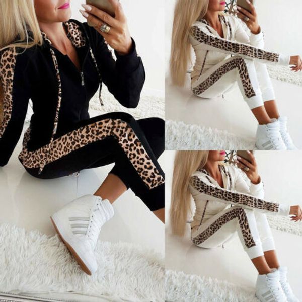 

women's sportswear tracksuit 2020spring fall fashion casual loose leopard hooded sweatshirt with zipper pant set females running, Black;blue