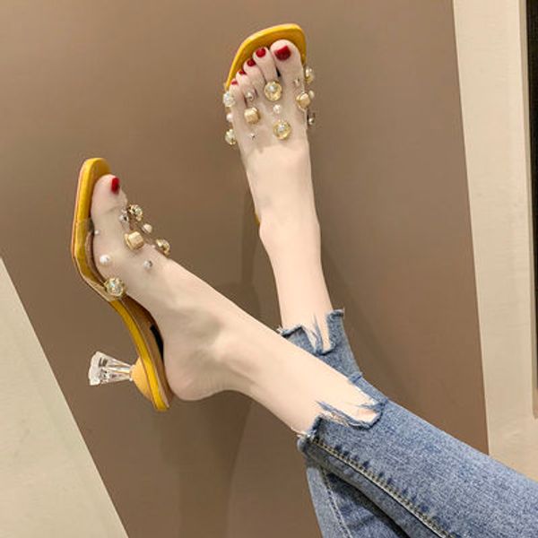 

2020 summer new fashion all-match color rhinestone stiletto with open toe plus size half slippers women, Black
