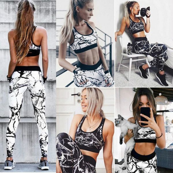 

womens active yoga suits fashion printing yoga set casual marble pattern sportswear new 2020 slim tracksuits leggings 2 styles, Gray