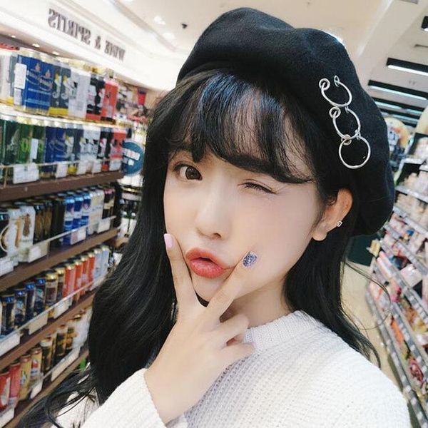 

korean autumn new harajuku personalized round iron ring woolen cloth painter's hat painter's hat beretberet beret beretberet, Blue;gray