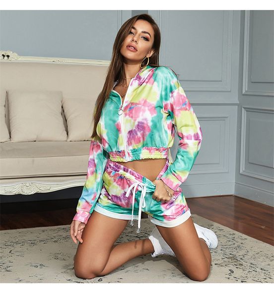 

tie dye женских костюмов с капюшоном главной спорт повседневных женщины дизайнер 2pcs zipper с длинным рукавом кардиган с шортами, Gray