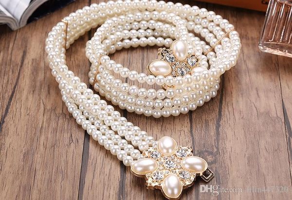 

2018 belt luxury pearl buckle belts desiger belt fashion accessory waist belts chain belts stretch waistband women dress belt, Black;brown