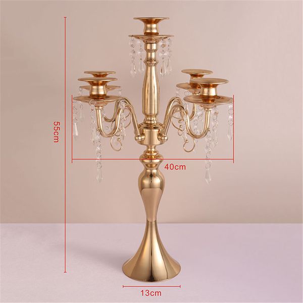 

new arrival 55cm height 5-arms metal candelabras with crystal pendants, shiny golden finish wedding candle holderdecoration