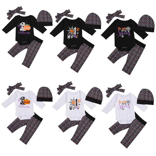 

toddler infant baby boys girls halloween clothes set 2020 fall long sleeve bodysuit pants headband hat outfits clothing 4pcs, White