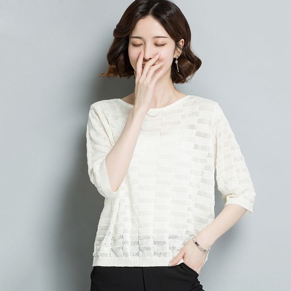 

2019 new silkt-shirt silksummer silk t-shirt short loose large size mulberry silk hollow sweater half sleeve top, White;black