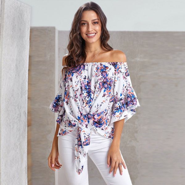 

Women Fashion Loose Shirt Ladys Designer T-shirts Women Sexy Slash Neck Bell Sleeve Shirt Womens Casual Tops Print Clothing 2020 New Summer