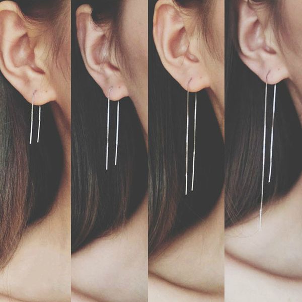 

s925 sterling double pin long chain drop dangle earrings 9cm 14cm 18cn fashion jewelry strike bar ear cuff for women, Silver