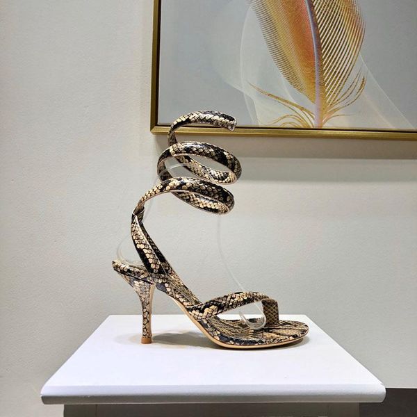 

new shoes woman summer ankle strap spiral sandals , python-printed calf leather fashion party dress high heels, Black