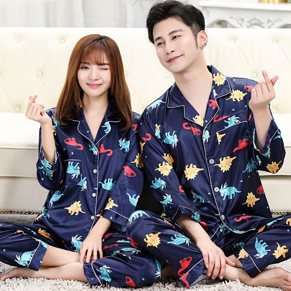 

new couple ice pajamas and silk pajamas women's autumn cartoon printed dinosaur men's silk two-piece home wear, Black;brown