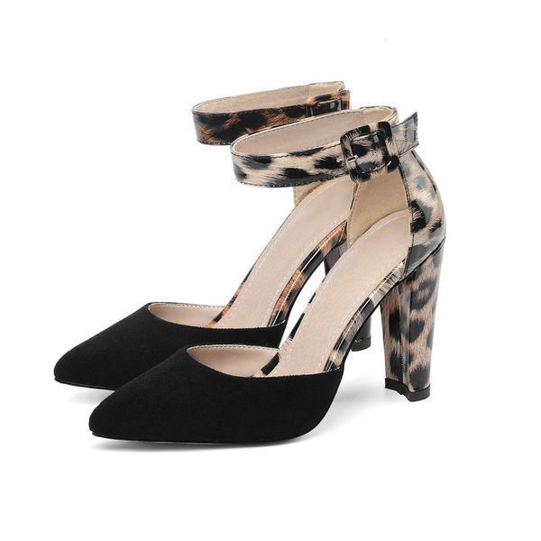 

mobetty women pumps leopard pu leather flock sandals summer women shoes square high heels pointed toe buckle fashion size 34-46, Black