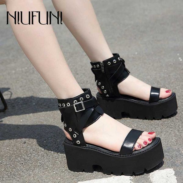 

niufuni gladiator rivet zipper wedge women sandals fashion platform high heels buckle casual rome shoes for women sandales femme, Black