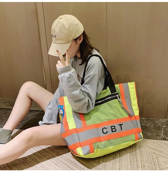 

women large capacity tote bags neon green street handbag reflective shoulder bags korean style girl trend fashion shopping bags