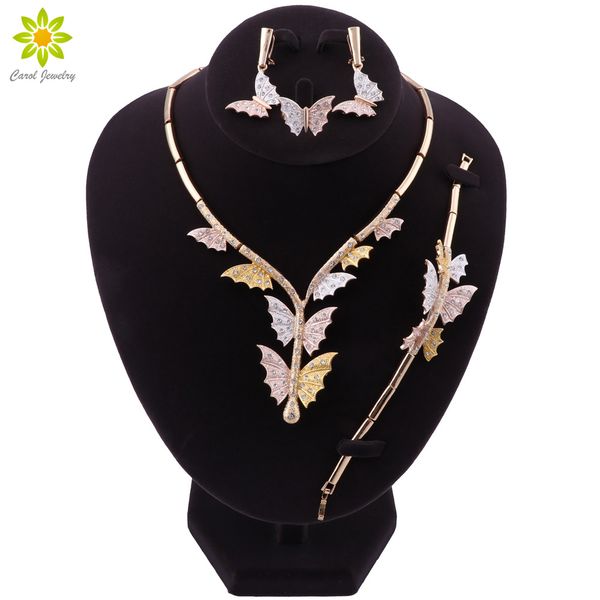 

dubai elegant women gold plated butterfly shape necklace bracelet earrings rings party wedding fashion jewelry sets, Slivery;golden