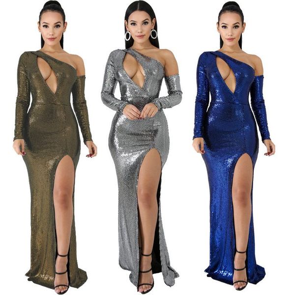 

2020 cy8127. a strapless high elastic paillette vent nightclub evening dress long sleeve dress, Black;gray