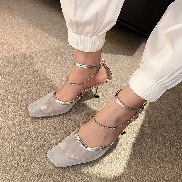 

women sandals elegant air mesh sandals square toe thin high heels metal chain design party wedding pumps shoes woman, Black