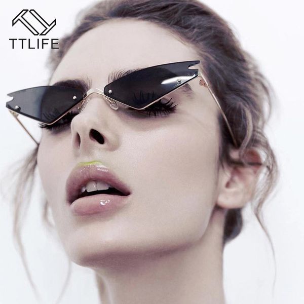 

ttlife rimless cat eye sunglasses women luxury female metal frame mirror lens vintage brand narrow triangle 2020 sunglass uv400, White;black