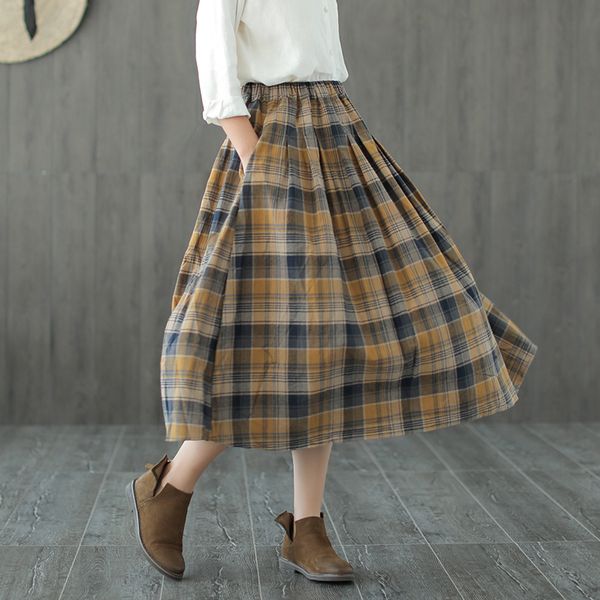 

vintage england plaid elastic waist a-line skirt mori girl, Black