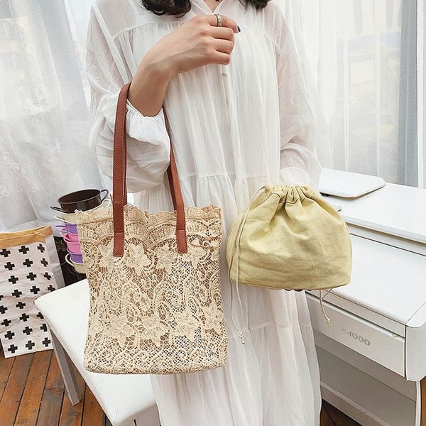 

women lace bags plain 2 sets handbags high capacity tote fashion lady literary lace hollow versatile handbag shoulder bag clutch 5$