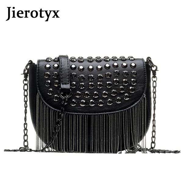 

jierotyx original design women bags leather diamonds shoulder bags rivet shoulder bag lady small black tassel chains