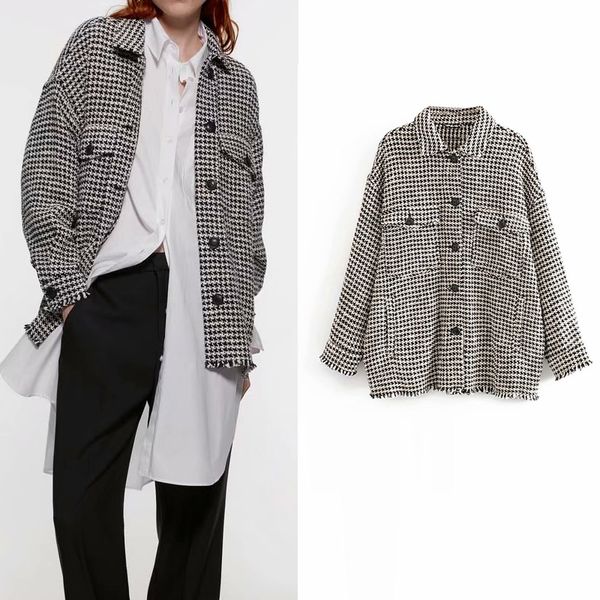 

2020 tweed plaid women shirts tassel autumn winter women casual houndstooth female coat, White