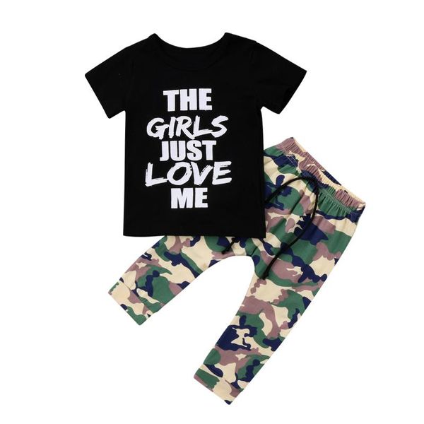 

1-6y toddler kids boys short sleeves summer love me black t-shirt camo pants outfits summer set clothes 1-6y, White