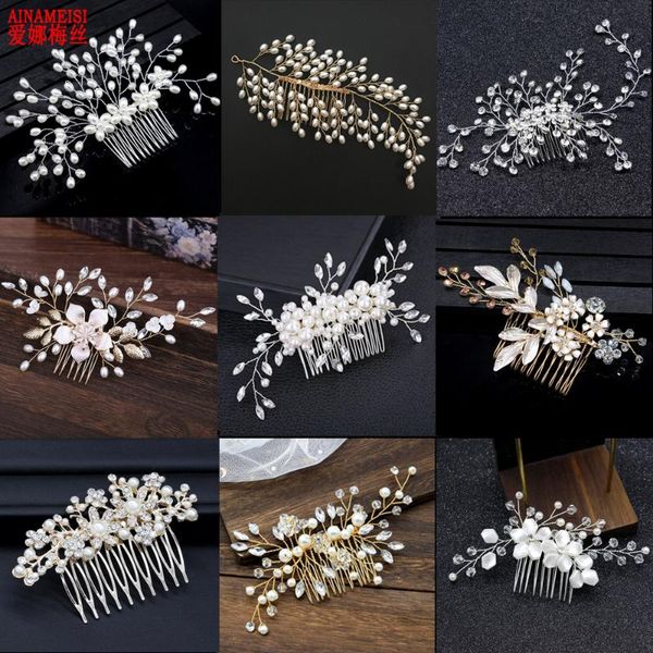 

ainameisi  style fashion pearl bridal hair comb crystal wedding hair accessories handmade jewelry headbands for women, Golden;silver