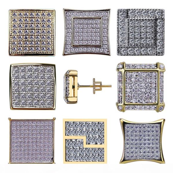 

18k gold hip hop cz zircon square earring studs 0.7-1.6cm for men and womens gifts iced out diamond stud earrings punk rock rapper jewelry, Golden;silver